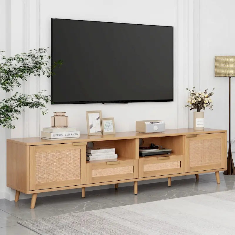 Rattan tv-meubel voor 85 tv, landelijke mediaconsole, massief houten poten, hout