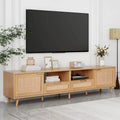 Rattan tv-meubel voor 85 tv, landelijke mediaconsole, massief houten poten, hout