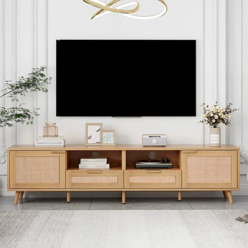 Rattan-TV-Schrank für 85-Zoll-Fernseher, Medienkonsole im Landhausstil, Beine aus Massivholz, Holz