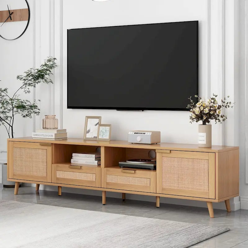 Rattan-TV-Schrank für 85-Zoll-Fernseher, Medienkonsole im Landhausstil, Beine aus Massivholz, Holz
