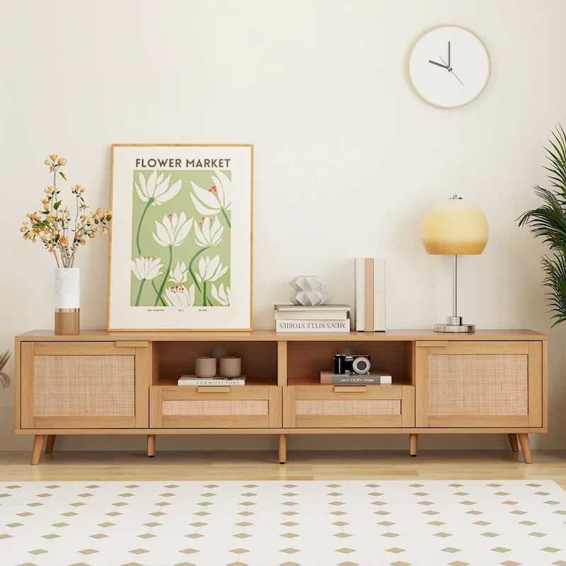 Rattan-TV-Schrank für 85-Zoll-Fernseher, Medienkonsole im Landhausstil, Beine aus Massivholz, Holz