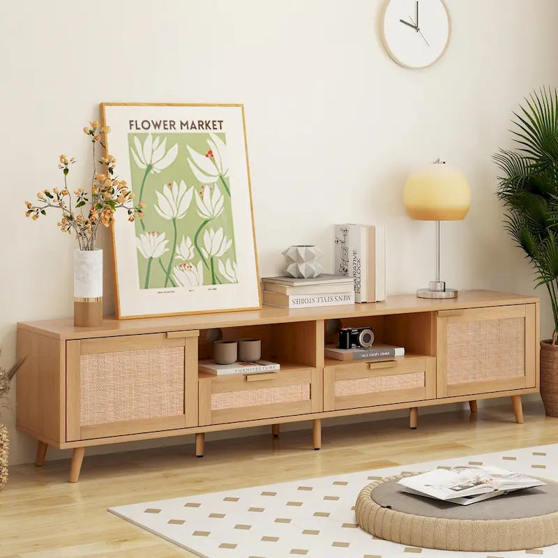 Rattan-TV-Schrank für 85-Zoll-Fernseher, Medienkonsole im Landhausstil, Beine aus Massivholz, Holz