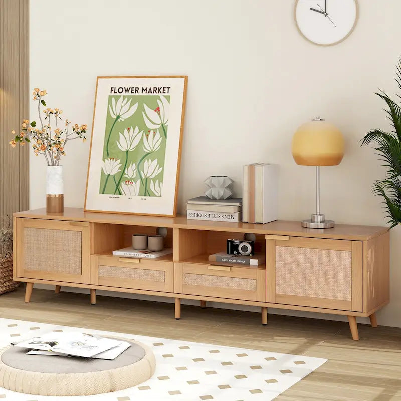 Rattan tv-meubel voor 85 tv, landelijke mediaconsole, massief houten poten, hout