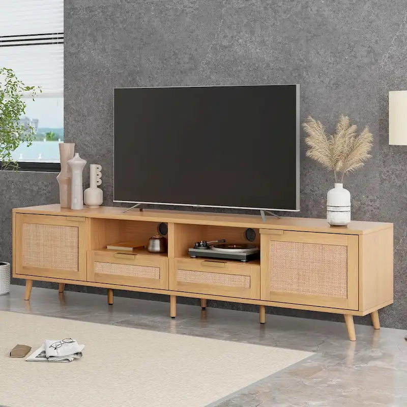 Rattan tv-meubel voor 85 tv, landelijke mediaconsole, massief houten poten, hout