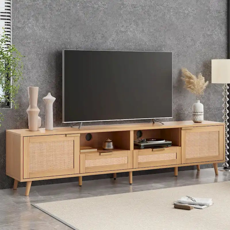 Rattan tv-meubel voor 85 tv, landelijke mediaconsole, massief houten poten, hout