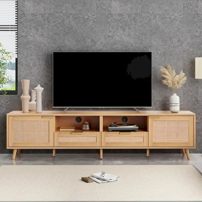 Rattan tv-meubel voor 85 tv, landelijke mediaconsole, massief houten poten, hout