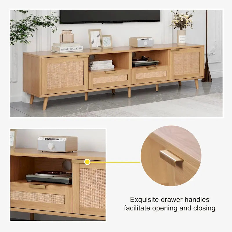 Rattan tv-meubel voor 85 tv, landelijke mediaconsole, massief houten poten, hout