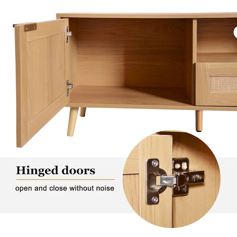 Rattan tv-meubel voor 85 tv, landelijke mediaconsole, massief houten poten, hout