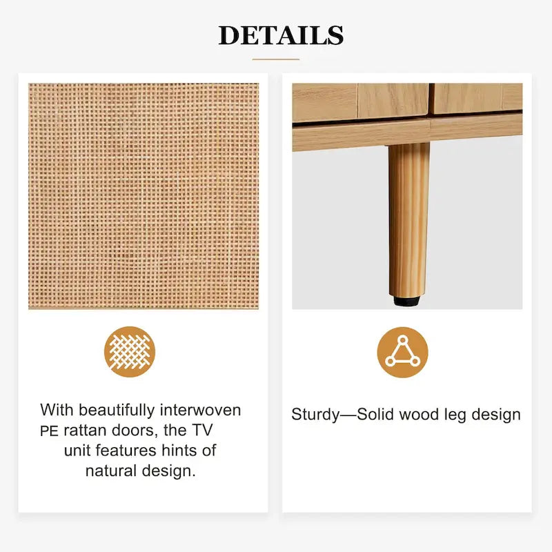 Rattan tv-meubel voor 85 tv, landelijke mediaconsole, massief houten poten, hout
