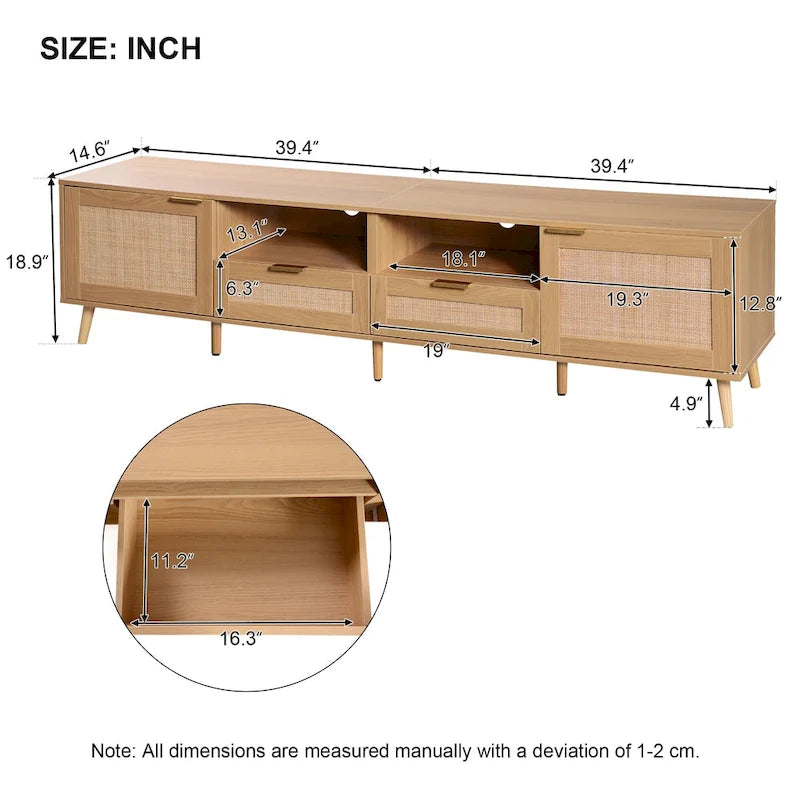 Rattan tv-meubel voor 85 tv, landelijke mediaconsole, massief houten poten, hout