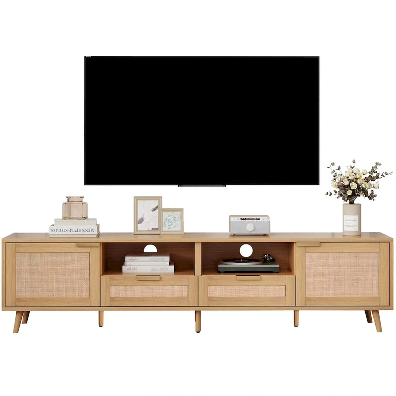 Rattan tv-meubel voor 85 tv, landelijke mediaconsole, massief houten poten, hout