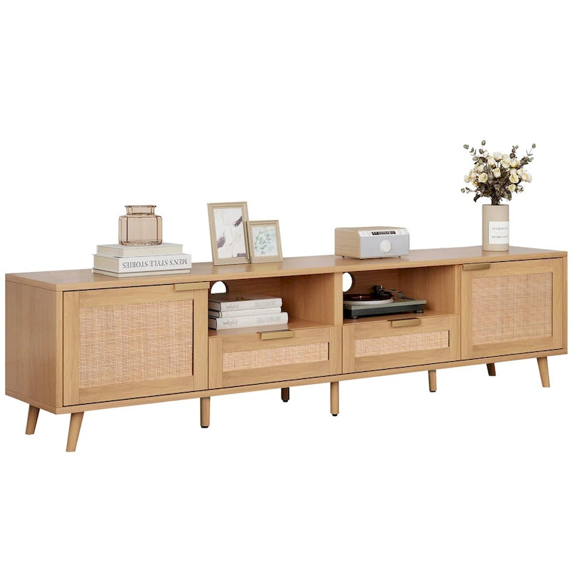Rattan tv-meubel voor 85 tv, landelijke mediaconsole, massief houten poten, hout