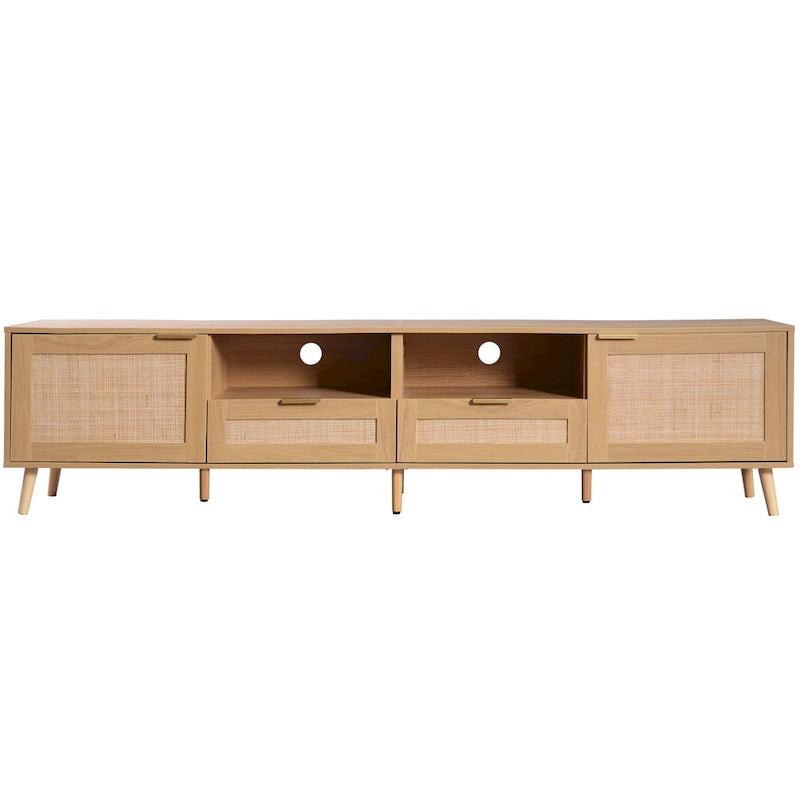 Rattan tv-meubel voor 85 tv, landelijke mediaconsole, massief houten poten, hout