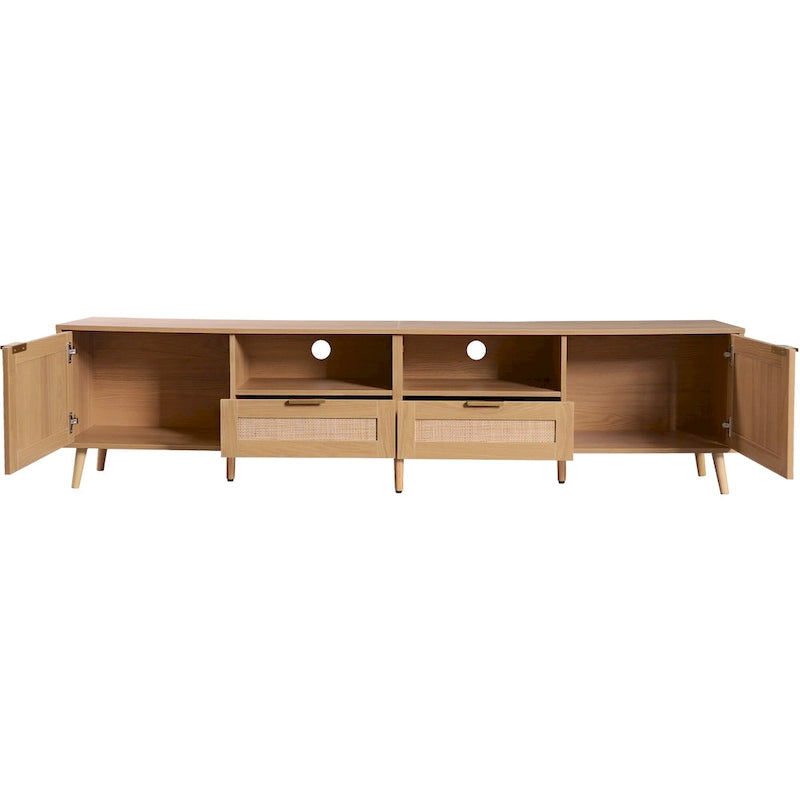 Rattan tv-meubel voor 85 tv, landelijke mediaconsole, massief houten poten, hout
