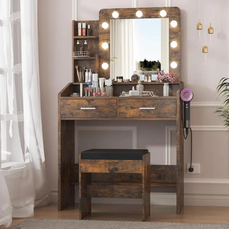 Toeletta con specchio e luci, mobile da trucco con presa di corrente e sgabello imbottito