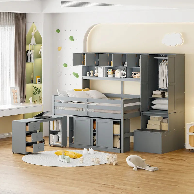 Lit mezzanine en bois de taille double avec grand espace de rangement, bureau sous le lit, tiroirs et étagères, blanc
