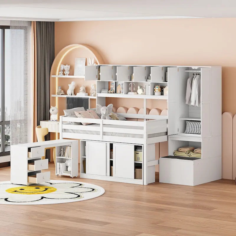 Full Size Wooden Loft Bed Big Storage with Under-Bed Desk, with Drawers, with Shelves, White