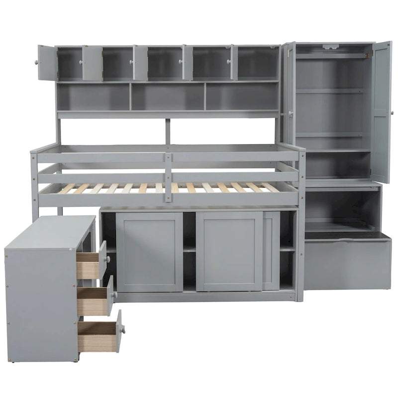 Full Size Wooden Loft Bed Big Storage with Under-Bed Desk, with Drawers, with Shelves, White