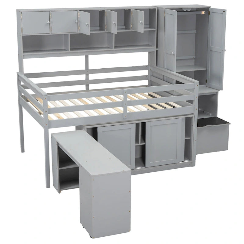 Lit mezzanine en bois de taille double avec grand espace de rangement, bureau sous le lit, tiroirs et étagères, blanc
