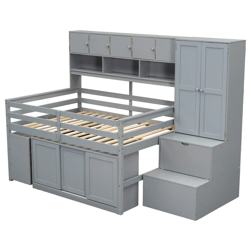 Full Size Wooden Loft Bed Big Storage with Under-Bed Desk, with Drawers, with Shelves, White