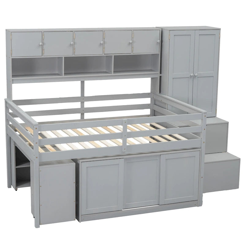 Full Size Wooden Loft Bed Big Storage with Under-Bed Desk, with Drawers, with Shelves, White
