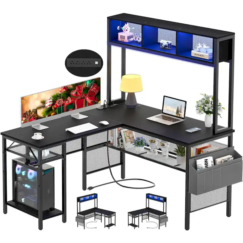 Wendbarer L-förmiger Computertisch mit Ablagefächern, LED-Leiste und Steckdosen, Eckschreibtisch-Gamingtisch