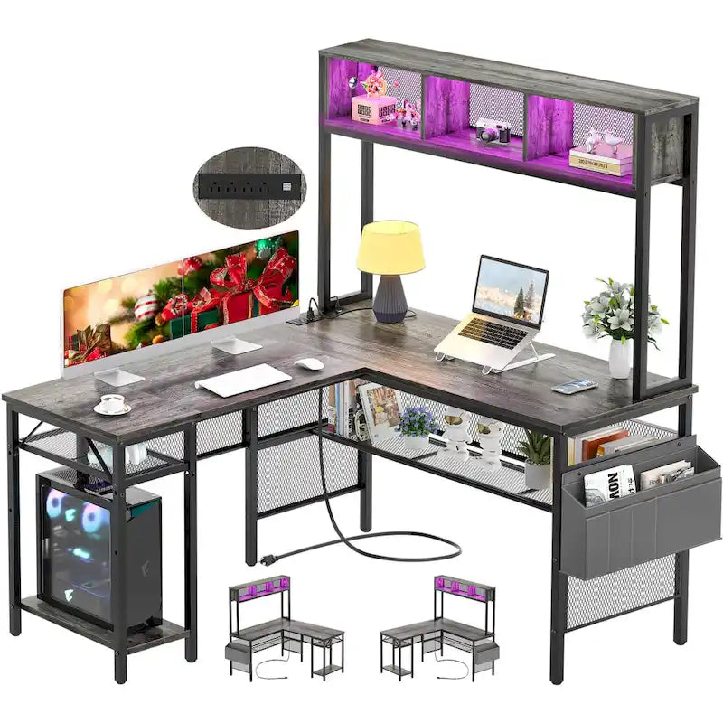 Wendbarer L-förmiger Computertisch mit Ablagefächern, LED-Leiste und Steckdosen, Eckschreibtisch-Gamingtisch