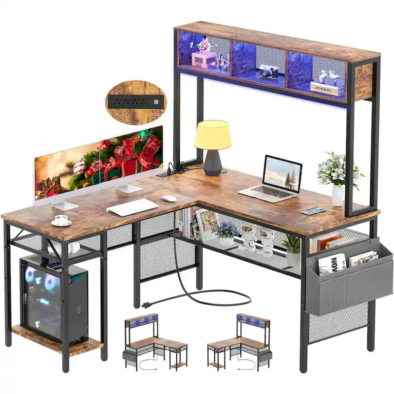 Wendbarer L-förmiger Computertisch mit Ablagefächern, LED-Leiste und Steckdosen, Eckschreibtisch-Gamingtisch