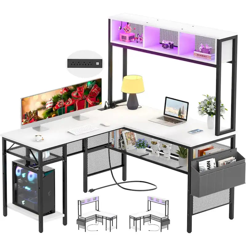 Wendbarer L-förmiger Computertisch mit Ablagefächern, LED-Leiste und Steckdosen, Eckschreibtisch-Gamingtisch