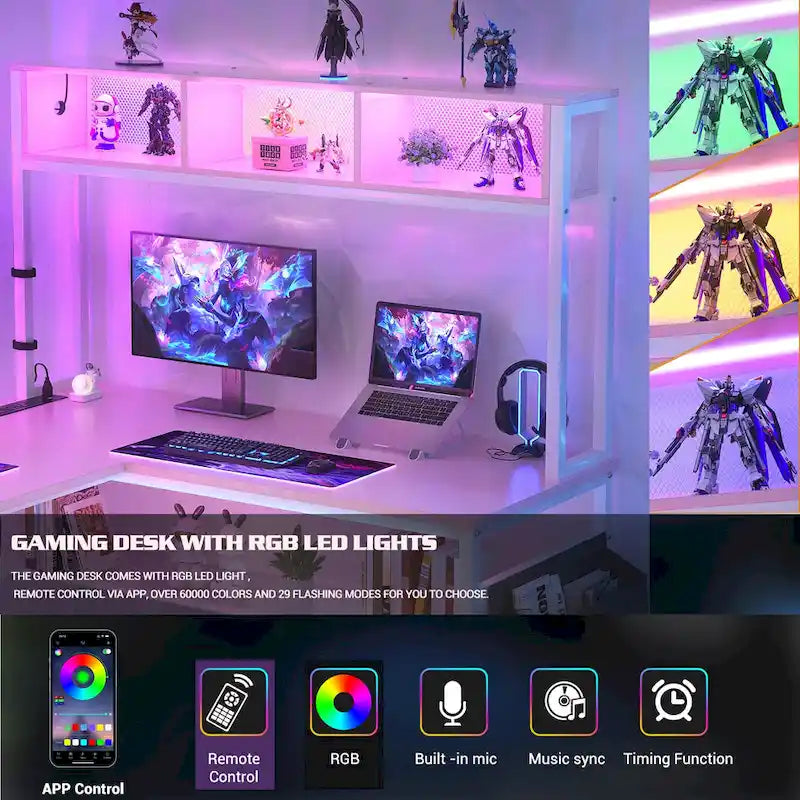 Wendbarer L-förmiger Computertisch mit Ablagefächern, LED-Leiste und Steckdosen, Eckschreibtisch-Gamingtisch