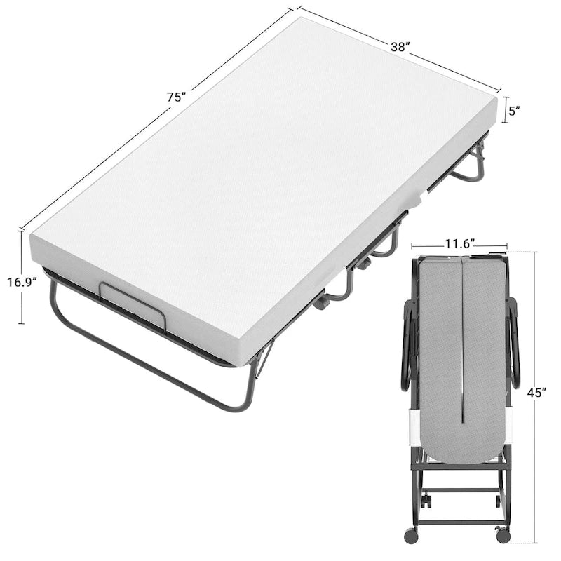 Letto pieghevole con materasso in memory foam da 5 pollici, letto aggiuntivo con rotelle per ospiti