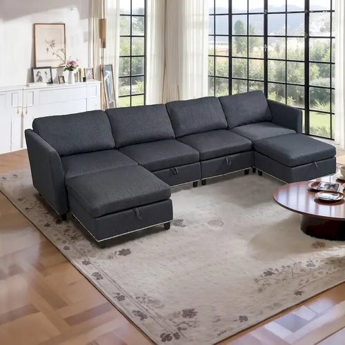 100 Spacious U-Shaped 6 Seater Sectional Sofa with Storage, Reversible Chaise and Comfortable Deep Cushions