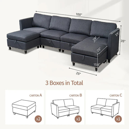 Ampio divano componibile a U da 100 posti a 6 posti con contenitore, chaise longue reversibile e cuscini profondi e confortevoli