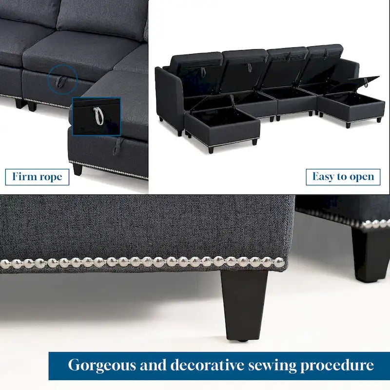 100" geräumiges U-förmiges 6-Sitzer-Sofa mit Stauraum, wendbarer Ottomane und bequemen, tiefen Sitzpolstern