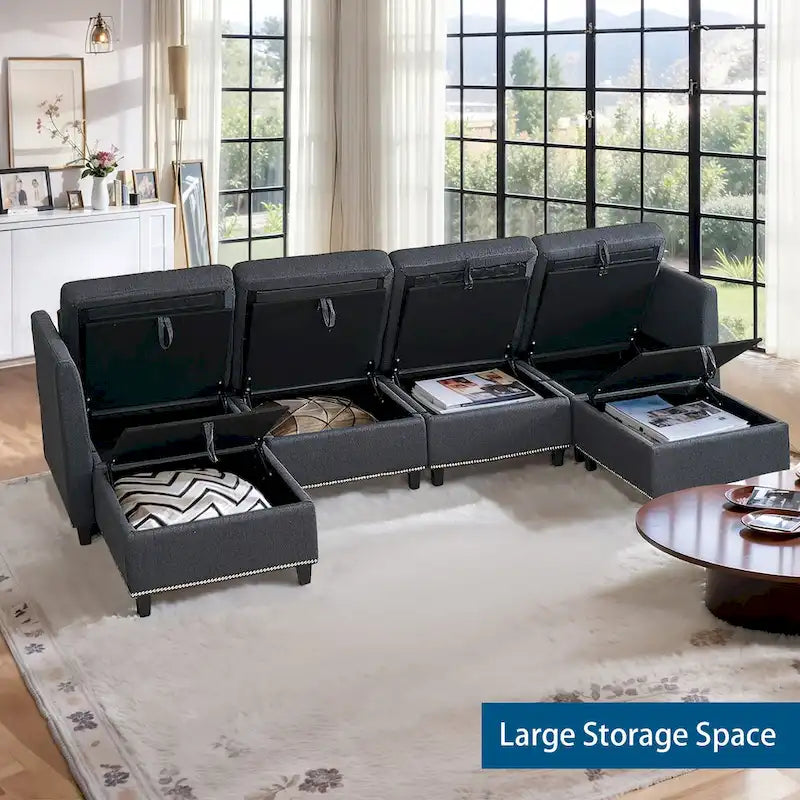 100" geräumiges U-förmiges 6-Sitzer-Sofa mit Stauraum, wendbarer Ottomane und bequemen, tiefen Sitzpolstern