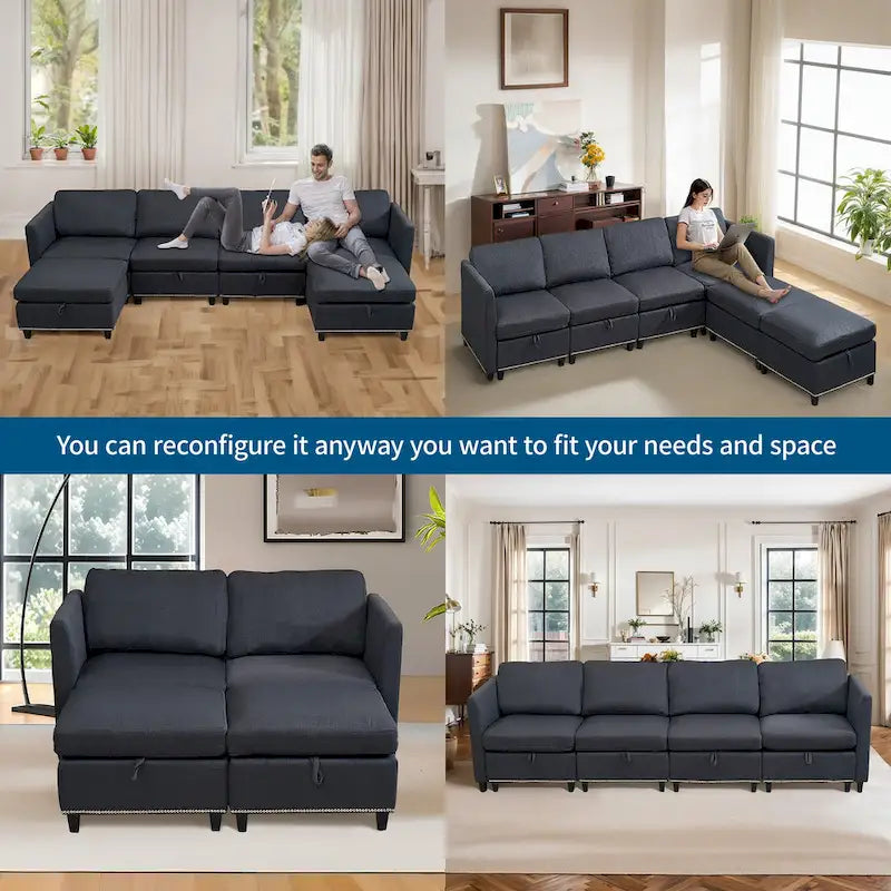 100" geräumiges U-förmiges 6-Sitzer-Sofa mit Stauraum, wendbarer Ottomane und bequemen, tiefen Sitzpolstern