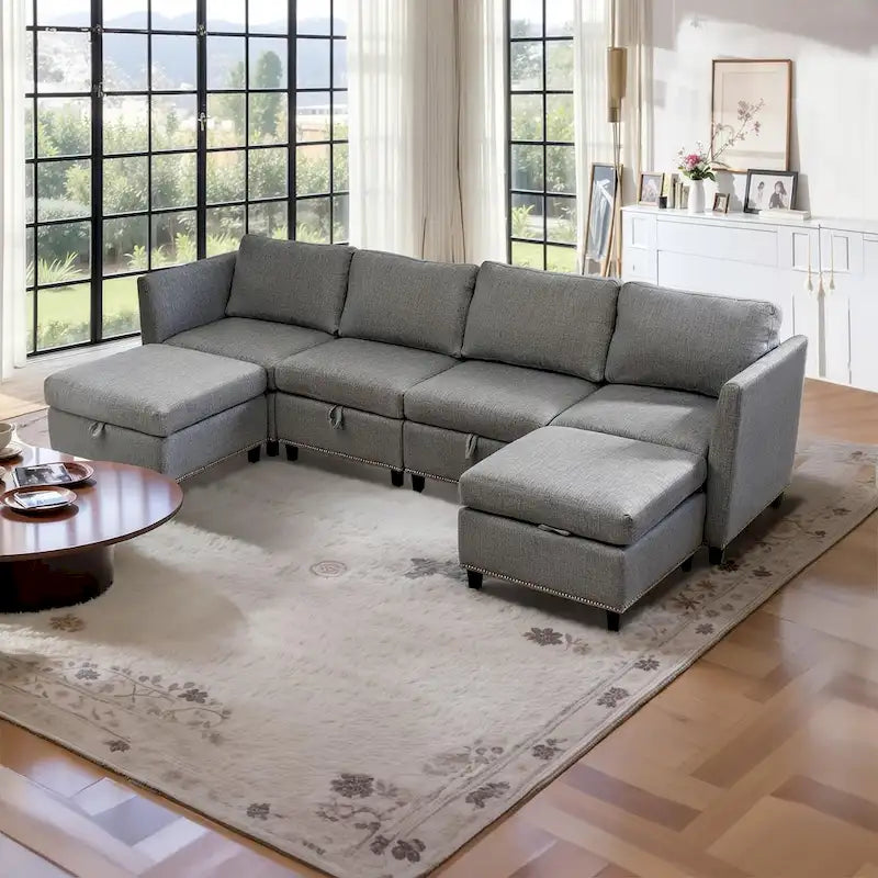 100" geräumiges U-förmiges 6-Sitzer-Sofa mit Stauraum, wendbarer Ottomane und bequemen, tiefen Sitzpolstern