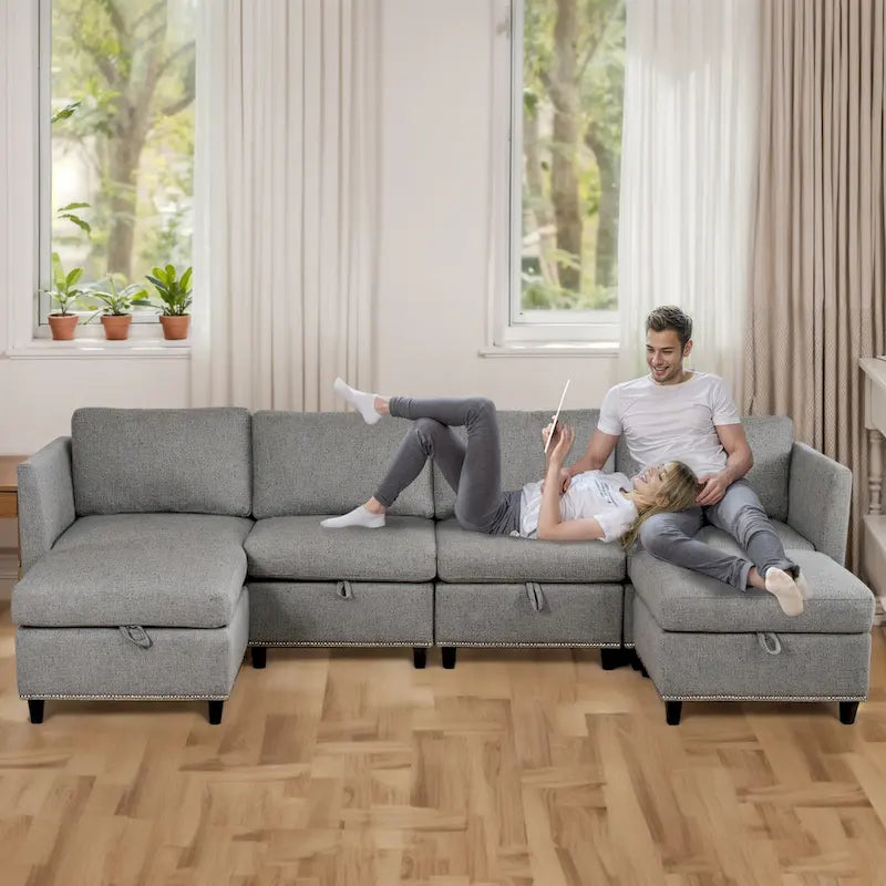 100" geräumiges U-förmiges 6-Sitzer-Sofa mit Stauraum, wendbarer Ottomane und bequemen, tiefen Sitzpolstern