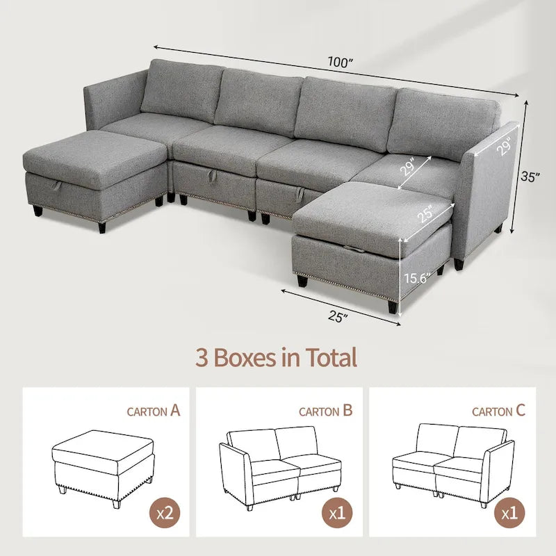 100" geräumiges U-förmiges 6-Sitzer-Sofa mit Stauraum, wendbarer Ottomane und bequemen, tiefen Sitzpolstern