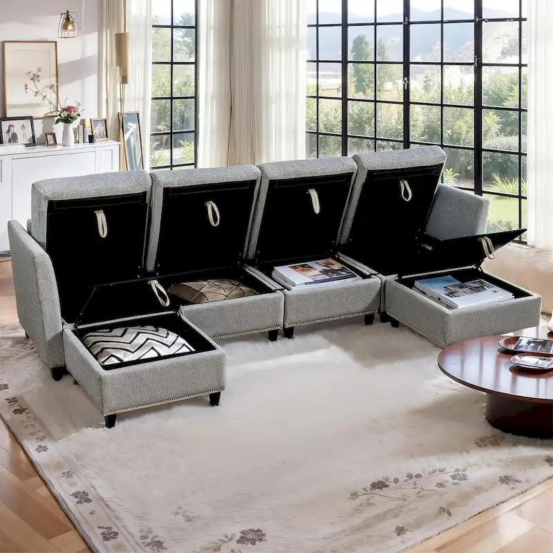 100" geräumiges U-förmiges 6-Sitzer-Sofa mit Stauraum, wendbarer Ottomane und bequemen, tiefen Sitzpolstern