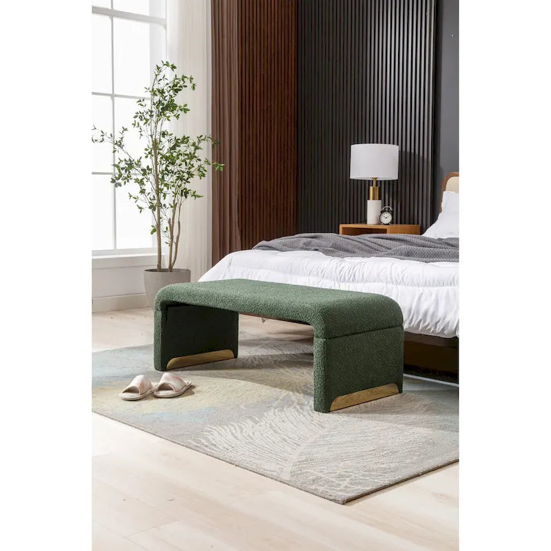 Moderner neuer Loveseat, Ottoman-Fußhocker und Schlafzimmerbank aus Bouclé-Stoff, Schuhbank mit goldfarbenen Metallbeinen
