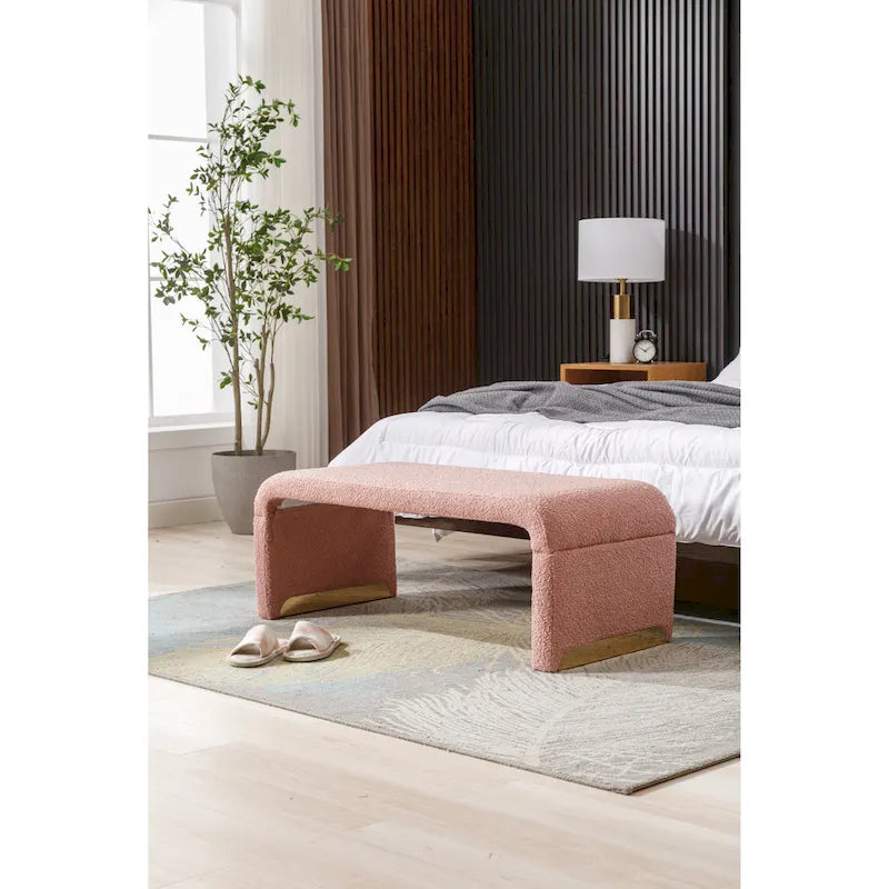 Moderner neuer Loveseat, Ottoman-Fußhocker und Schlafzimmerbank aus Bouclé-Stoff, Schuhbank mit goldfarbenen Metallbeinen