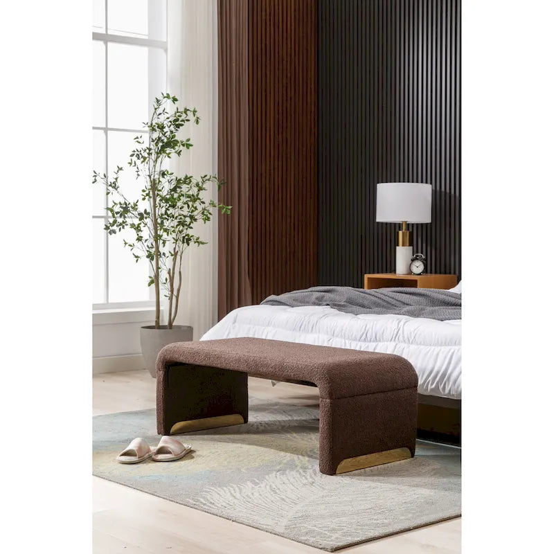Moderner neuer Loveseat, Ottoman-Fußhocker und Schlafzimmerbank aus Bouclé-Stoff, Schuhbank mit goldfarbenen Metallbeinen