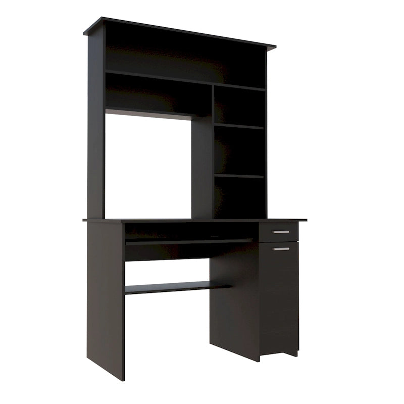 Scrivania con alzata, 5 ripiani, piano estraibile per tastiera, pannello per CPU e cassetto