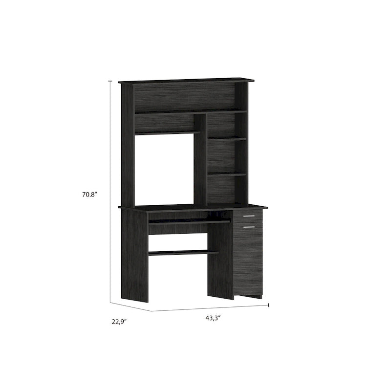 Scrivania con alzata, 5 ripiani, piano estraibile per tastiera, pannello per CPU e cassetto