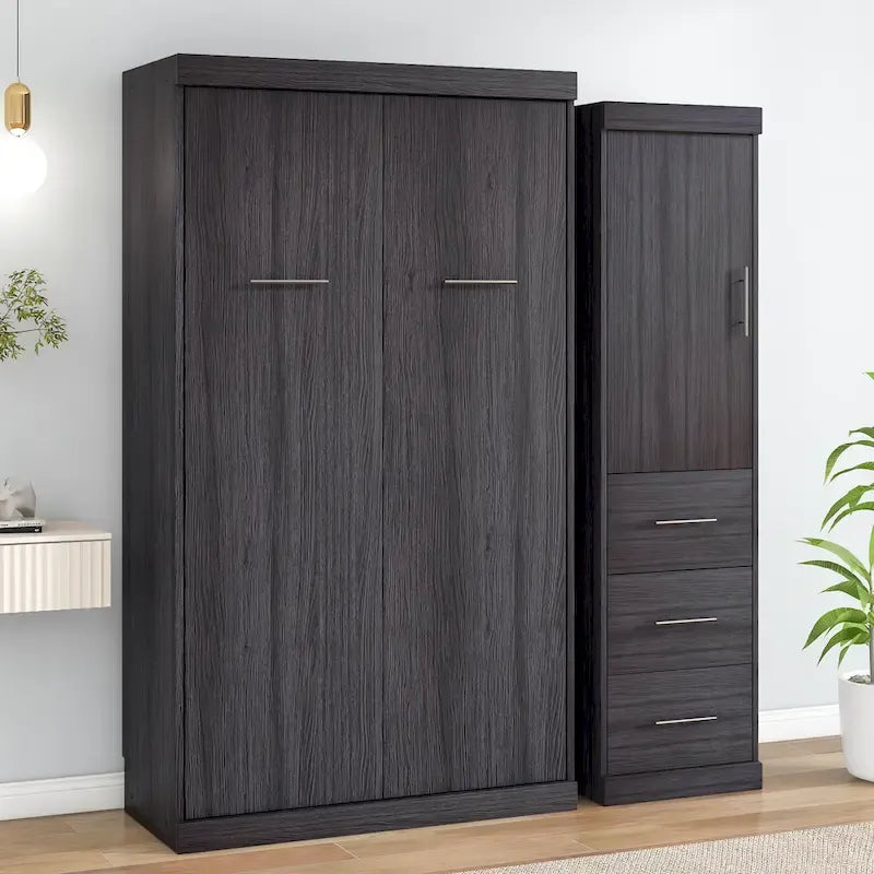 Murphy-Bett in Twin-Größe mit Kleiderschrank und Schubladen, Stauraumbett, lässt sich zu einem Schrank zusammenklappen, Grau