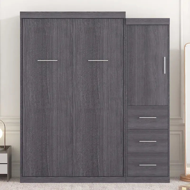 Murphy-Bett in Twin-Größe mit Kleiderschrank und Schubladen, Stauraumbett, lässt sich zu einem Schrank zusammenklappen, Grau