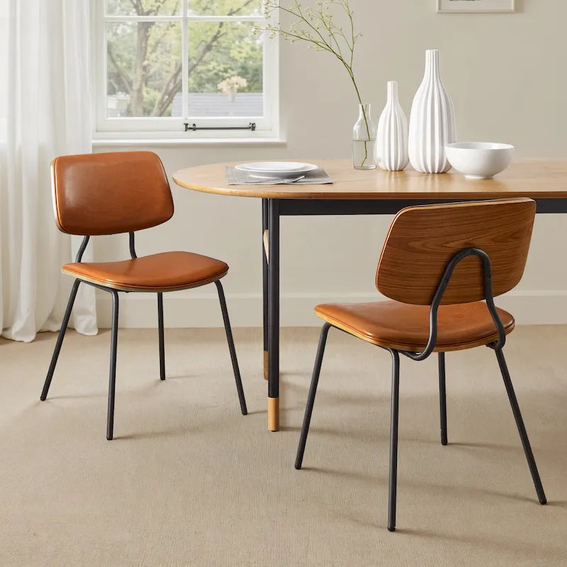 Juego de 2 sillas de comedor de cuero PU y madera curvada de mediados de siglo
