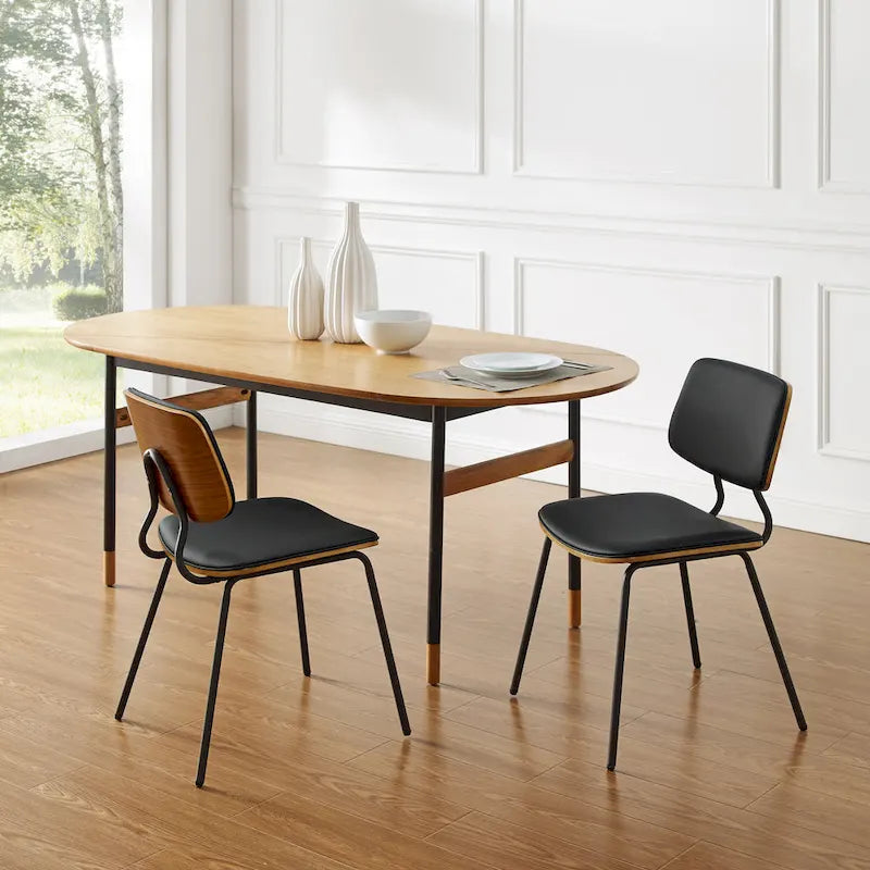 Juego de 2 sillas de comedor de cuero PU y madera curvada de mediados de siglo
