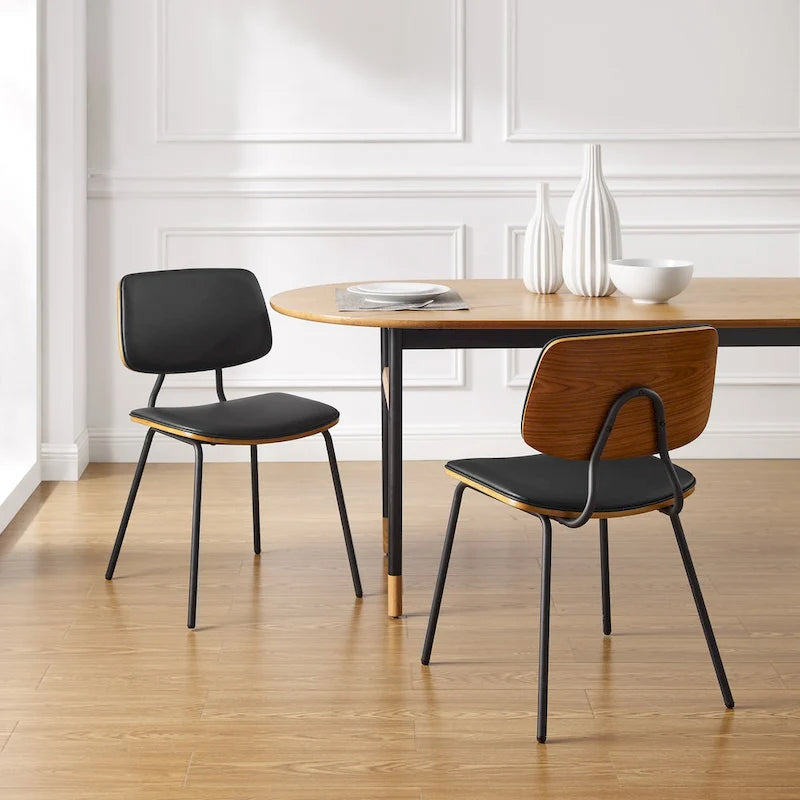 Juego de 2 sillas de comedor de cuero PU y madera curvada de mediados de siglo